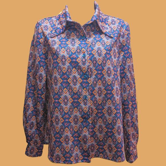 None and/or Unknown Tops - Vintage Handmade Polyester Navy and Jewel Tone Longsleeve Shirt